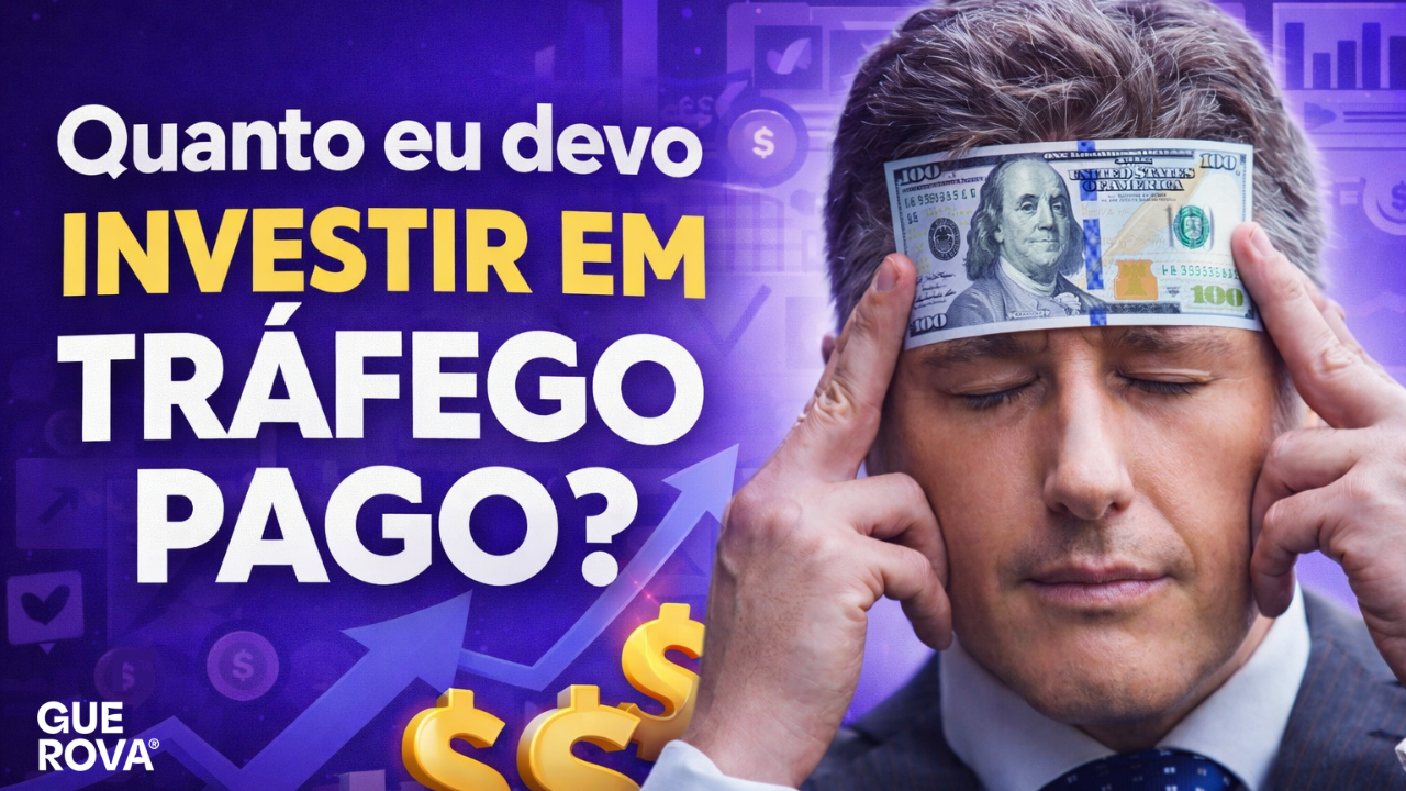 homem com uma nota de dolar na testa e ao lado o texto quanto eu devo investir em tráfego pago?